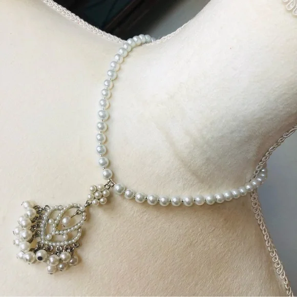 Handcrafted repurpose faux pearl chandelier pendant Czech glass Pearl necklace