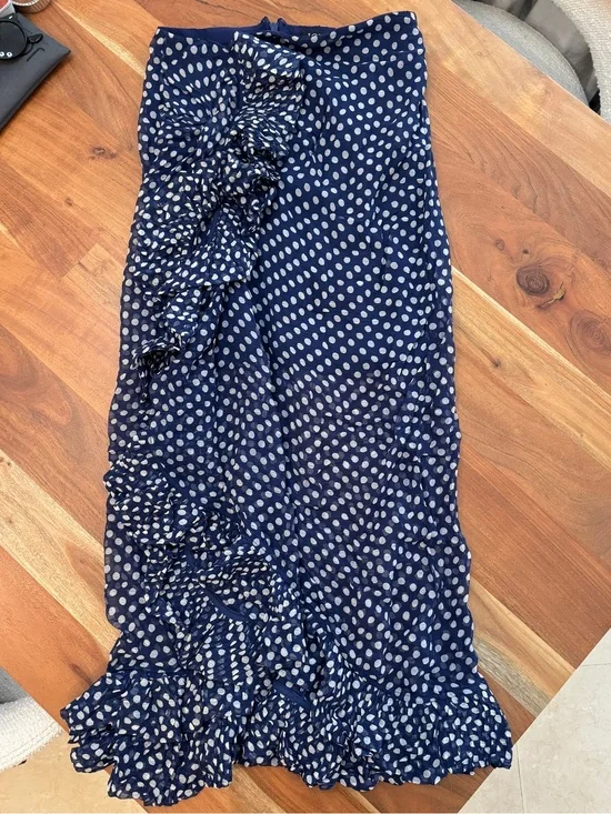 J. Crew Navy and White Polka Dot Skirt with Ruffle Detail