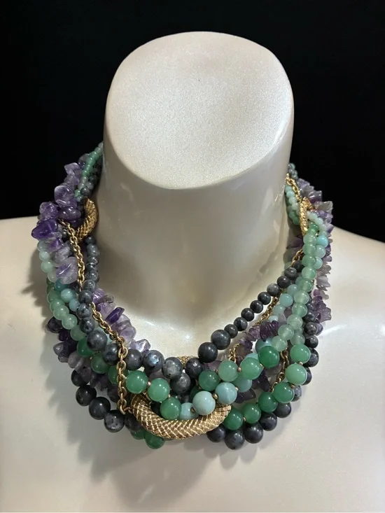 VTG CAROLEE LUX Multi-Strand Amethyst GR Aventurine  Necklace with Gold Accents
