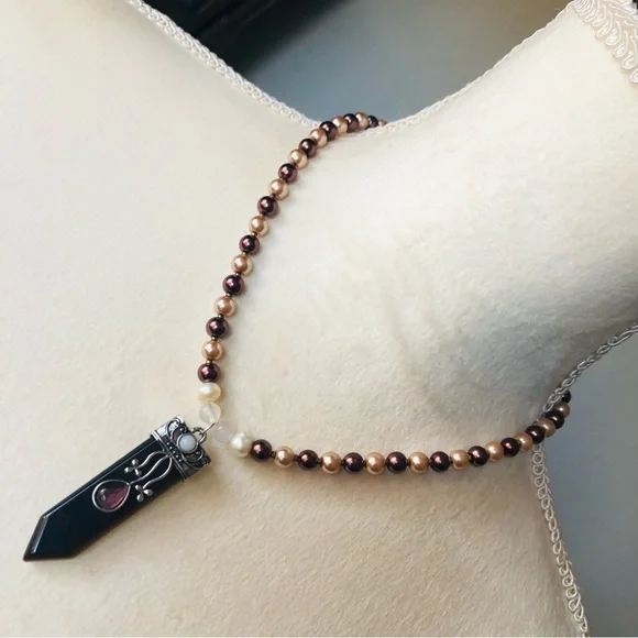 Handcrafted repurpose Tiger eye stone pendant Czech glass Pearl necklace