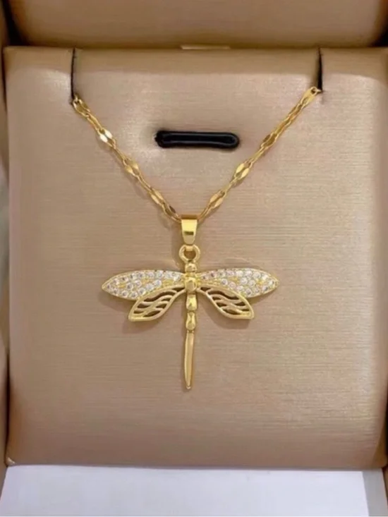 gold-plated dragonfly necklace featuring a pendant adorned with cubic zirconia