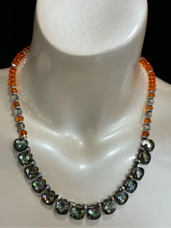 Handmade Iridescent Oil Slick Dew Drop & Orange Faceted Crystal Beaded Necklace