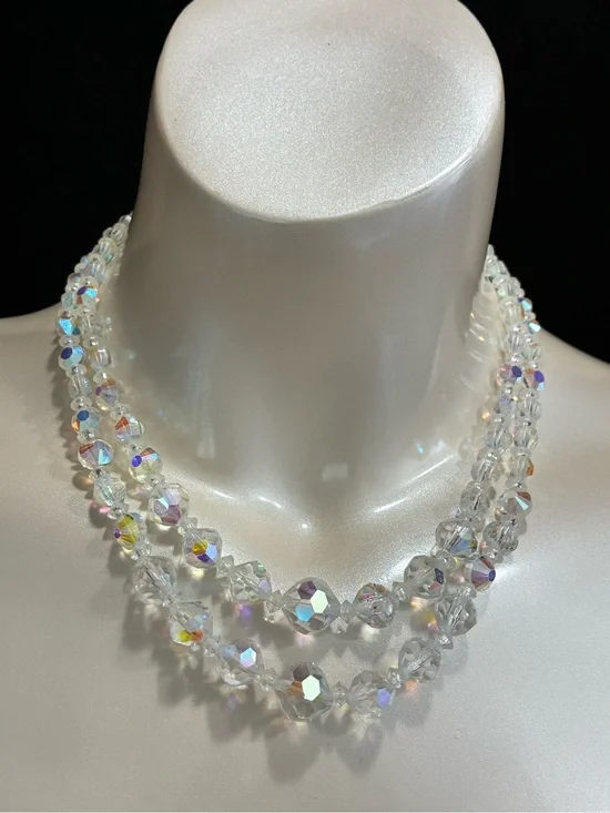 Crystal Aurora Borealis Multi-Strand Statement Necklace - Clear Iridescent EUC