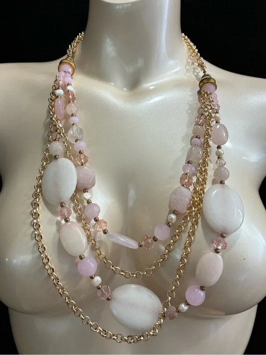 Multi-Strand Pink Rose Quart Chunky Beaded Gold-Tone Statement Necklace 156g