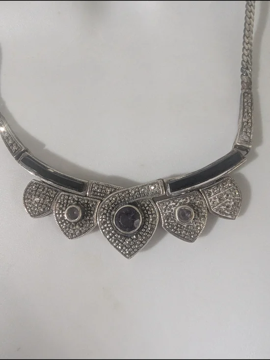 NWT Sterling Silver Tone Tribal Fan Pendant Necklace Marcasite Amethyst New