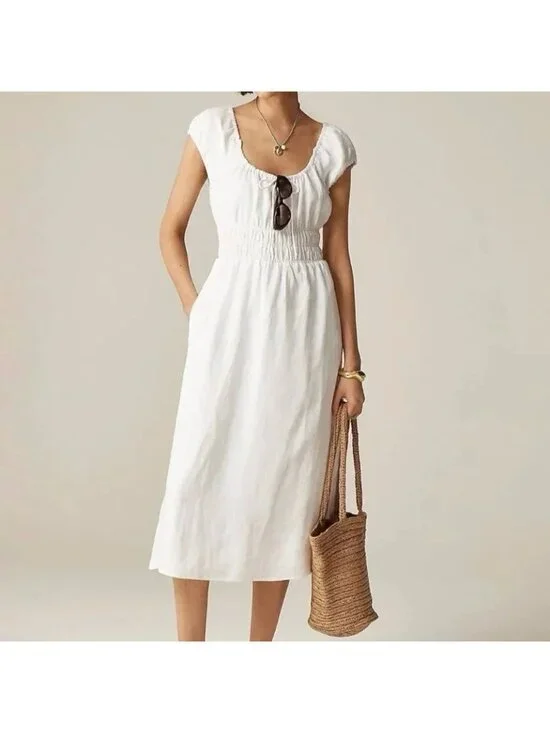 NWT J.Crew Linen Midi Dress Sz S White Cap-Sleeve Summer Beach Vacation Coastal