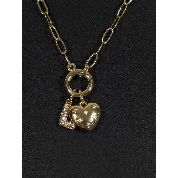 Gold Tone Initial L Necklace Puffy Heart‎ Charm CZ Pave Letter 18