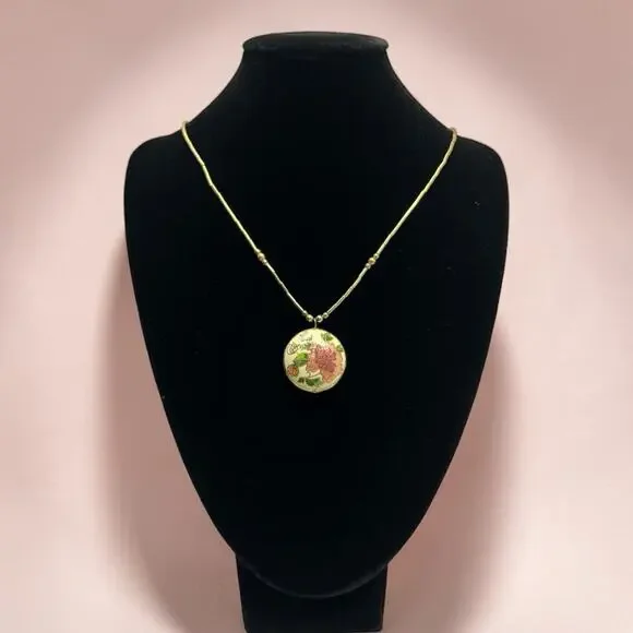 1970s Vintage Chinese Cloisonne Brass Peony Floral Pendant Necklace 18”