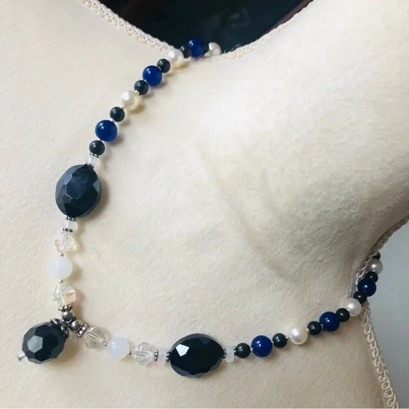 Handcrafted lazurite faceted jet crystal genuine stone necklace