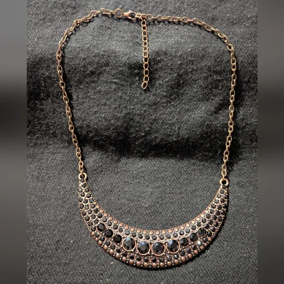 Copper Tone Black Rhinestone Curved Bar Bib Style Statement Necklace