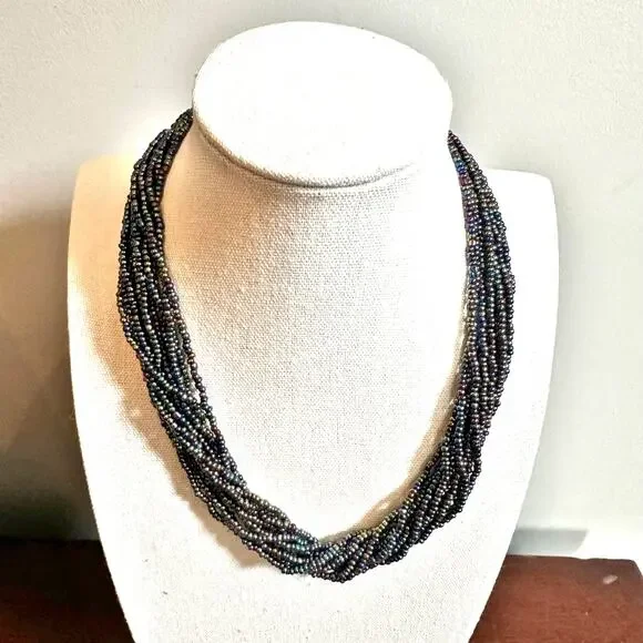 Seed Beaded Statement Necklace Iridescent Chunky Beads Multi Strand Layers