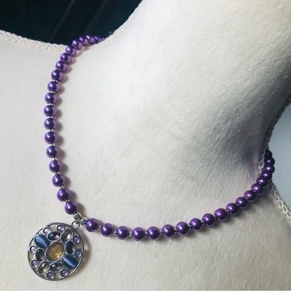 Handcrafted repurpose multi tone stone pendant Czech glass Pearl necklace