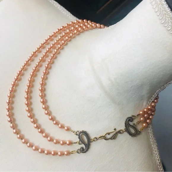 Handcrafted triple strand Czech glass Pearl paisley filigree clasp necklace