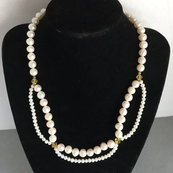 Vintage Handmade Pearl Swag Necklace Swarovski Crystals Approx 17 Inch