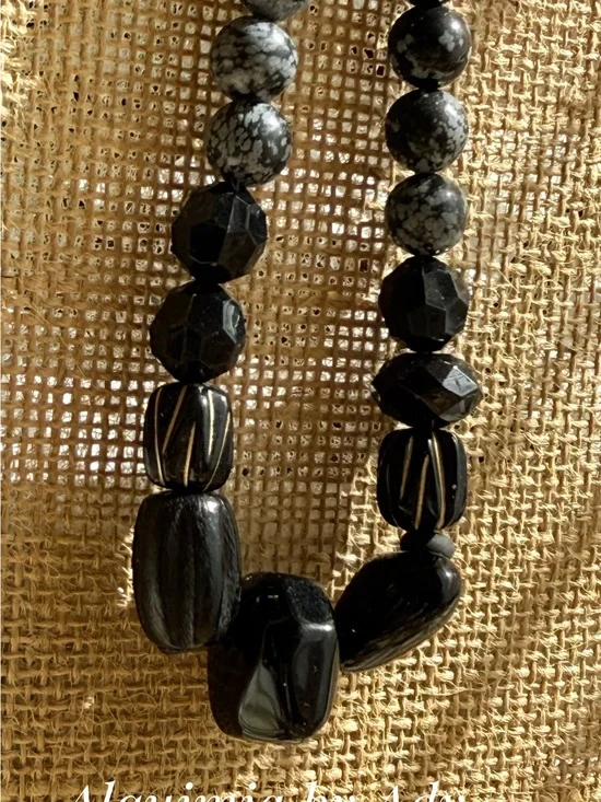 HIGH SUMMER + Black Faceted & Textured Beaded Necklace snowflake obsidian