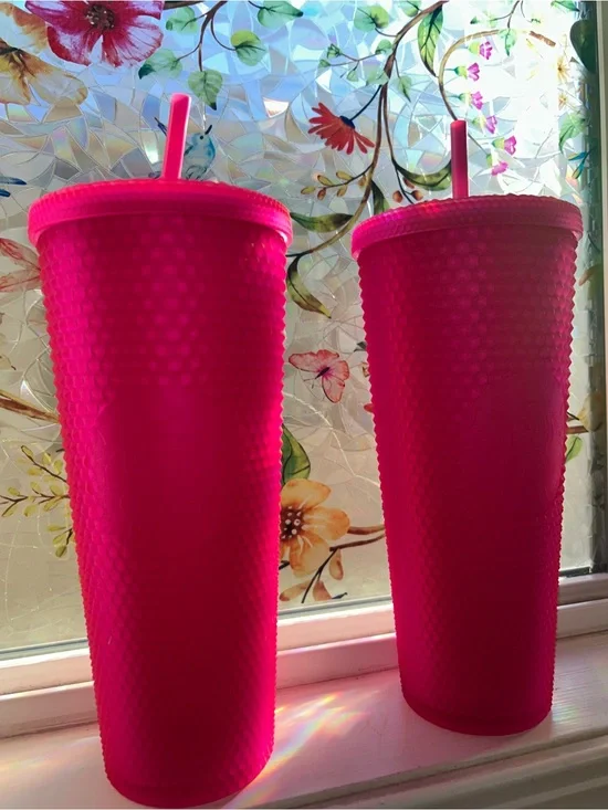 2 Starbucks Matte Hot Pink Studded Reusable Tumbler Set with Straws