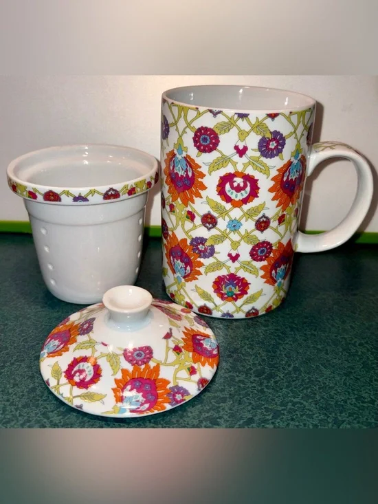 World Market 3 Piece Floral Tea Ceramic Mug/Cup w/Infuser and Lid