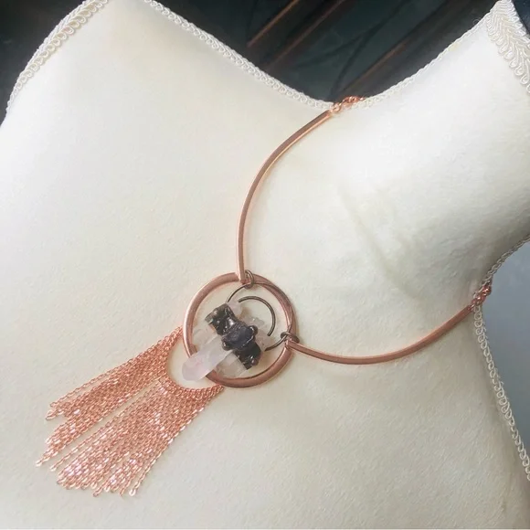 Handcrafted copper amethyst clear quartz fringe pendant necklace
