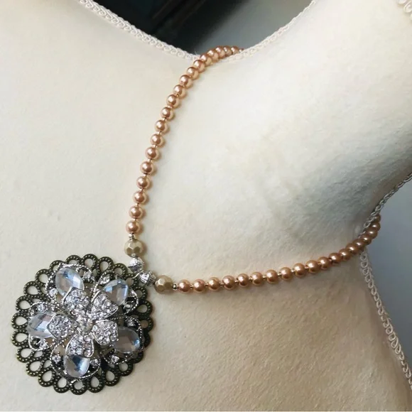 Handcrafted repurpose floral stone filigree pendant Czech glass Pearl necklace