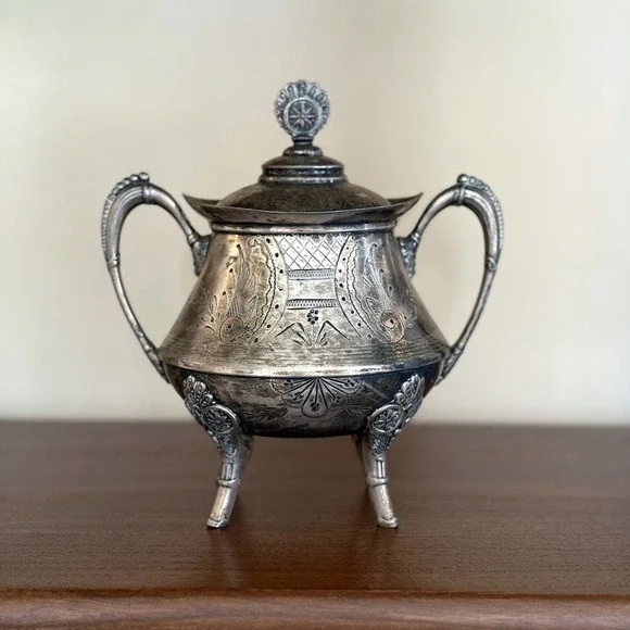 Antique H Schade New York Triple Plate Silver Footed Sugar Bowl Etched 103