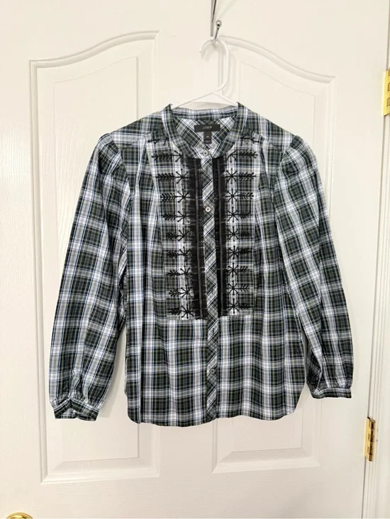Jcrew plaid tartan half Button-Up Blouse with Black Embroidery