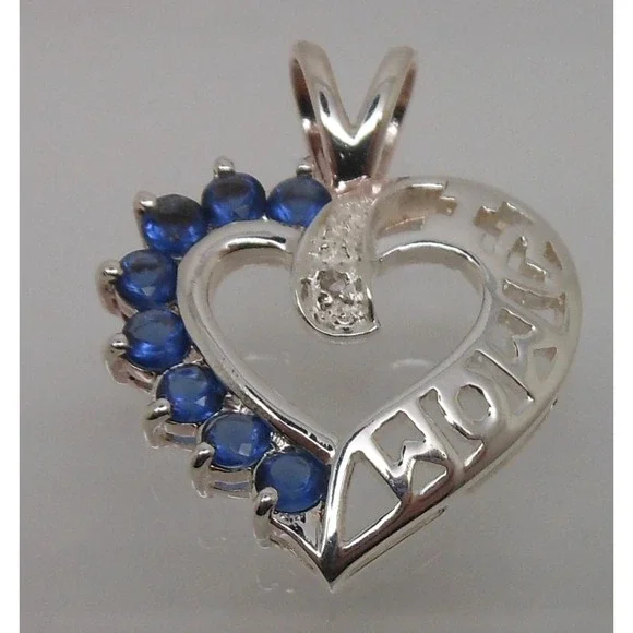 Vintage 1990's Beautiful Sterling Silver I Love Mom Necklace Pendant Sapphire CZ