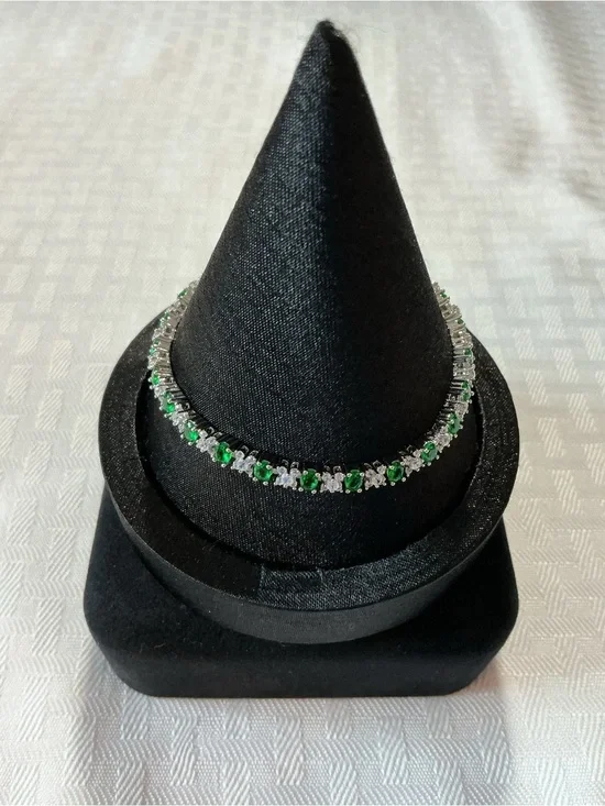 Emerald Green Rhinestone Silver Tone Line Bracelet