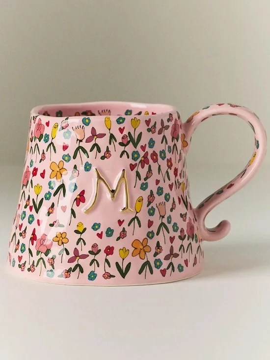 Anthro The Mud Fairy Stoneware 24k Gold Accent Monogram Mug M