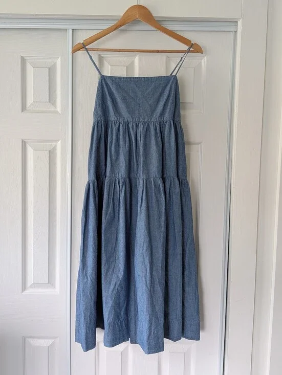 J. Crew Tie Back Tiered Chambray Blue Cotton Midi Dress 4 Boho Beach Cottagecore