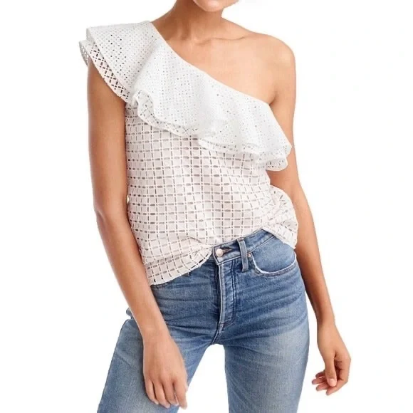 J. Crew Eyelet Lace One Shoulder Ruffle Top, in White Size 6