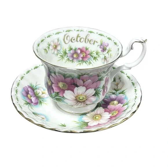 Vintage Royal Albert England Flower of the Month Tea Cup & Saucer October Cosmos
