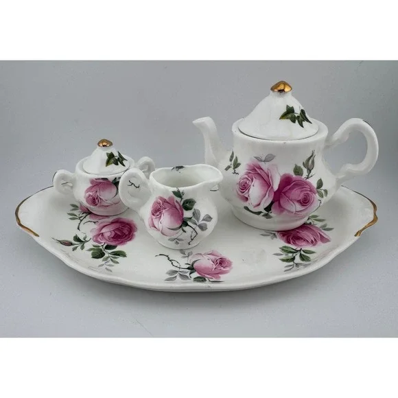 Vintage Crown Victorian Childs Small Bone China Tea Set Creamer Sugar Pot & Tray