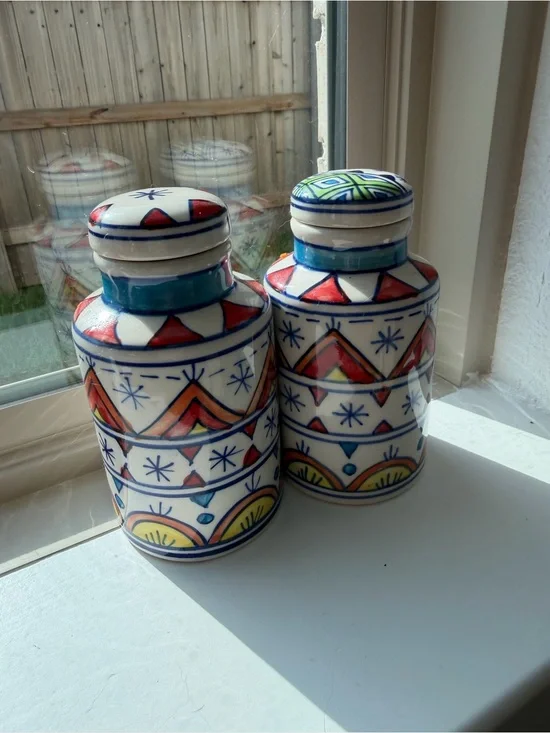 Hand-Painted Ceramic Canisters - Colorful Geometric Design
