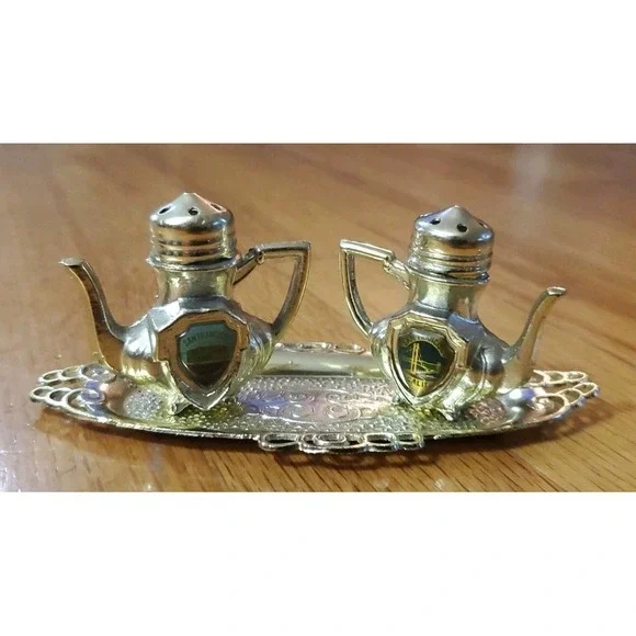 Vintage San Francisco Salt & Pepper Shakers Coffee Pot Teapot Tray Metal‎ Japan