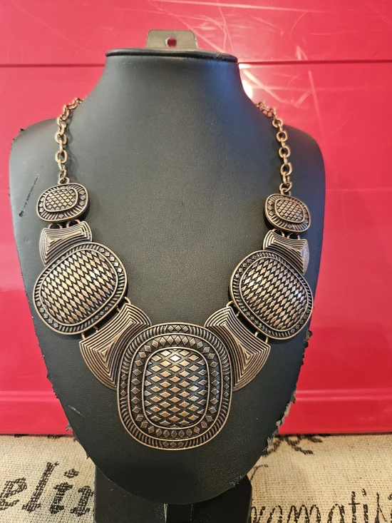 Antique Bronze Statement Necklace - Bold Geometric Pendant