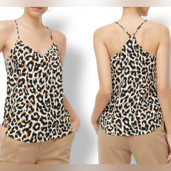 J.Crew Leopard Print Cami Tank Size 0 Scalloped Trim Racerback Satin Silky