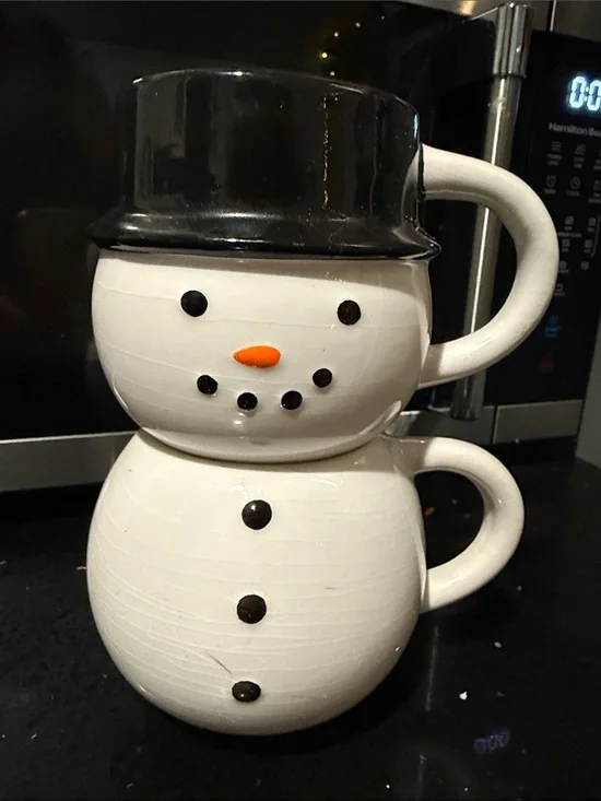 Snowman Stackable Ceramic Mug Set - White, Black & Orange