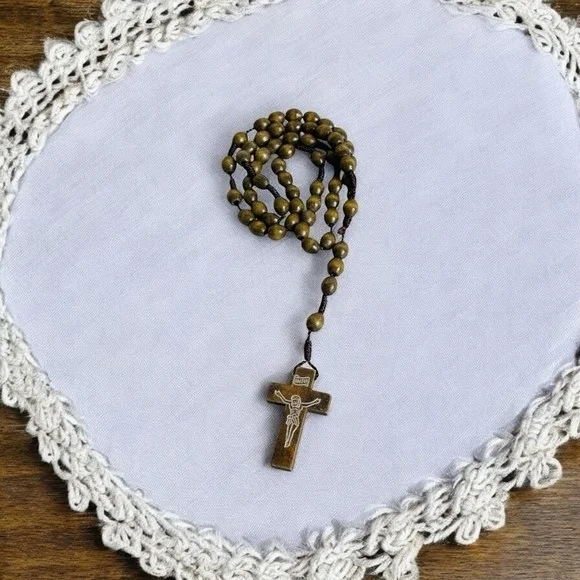 Catholic Wood Rosary Brown Beaded INRI Crucifix Prayer Necklace 17