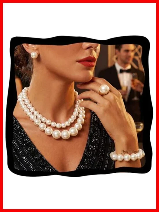 Pearl Jewelry Set - Choker Necklace, Earrings, Bracelet, Ring - Wedding Bridal