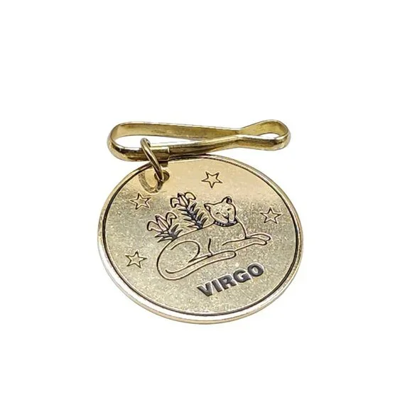 Virgo Engraved Sitting Leopard Stars Flowers Round Pendant Gold Tone Vintage