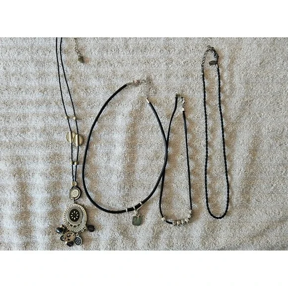 4 Vintage‎ Necklace Lot Black Ropes Beads Some Tagged.