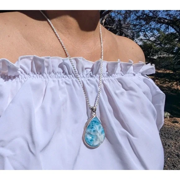 Women's Larimar Pendant Necklace‎ Rope Chain Style Handmade Fine Jewelry ***