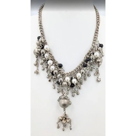 Statement Bib Necklace Silver Tone Faux Pearl Black Bead Cha Cha Charm 19 Inch