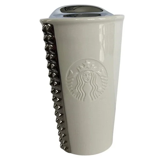 Starbucks Cream & Silver Studded‎ Ceramic Travel Mug