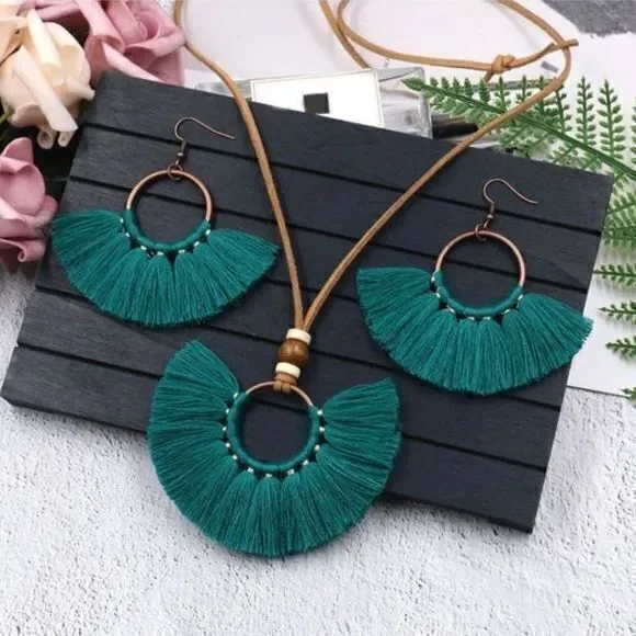 Boho Tassel Necklace & Earrings Set Fan Fringe Statement Festival Jewelry