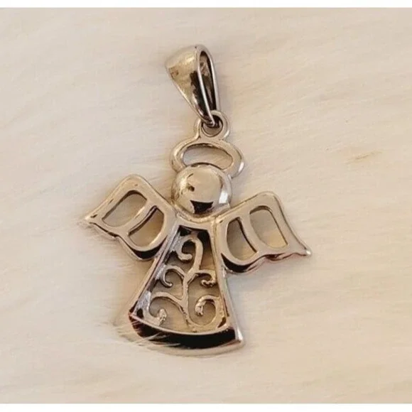 Vintage Hallmark Signed Angel Pendant Stainless Steel Religious Good Luck 11385