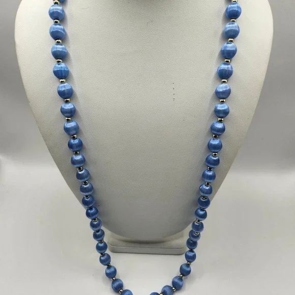 Vintage Blue Satin Silk Thread Wrapped Bead Necklace Gold Tone Spacers Korea NOS