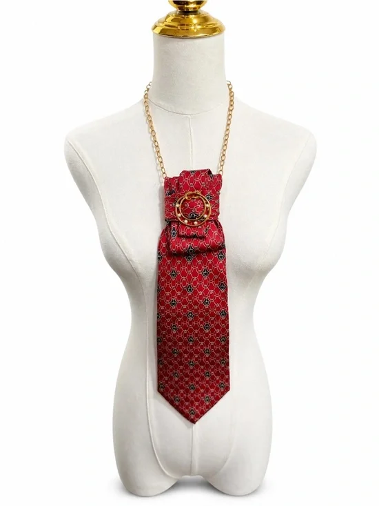 Vintage Sutter Grant Silk Necktie Statement Necklace Red Gold