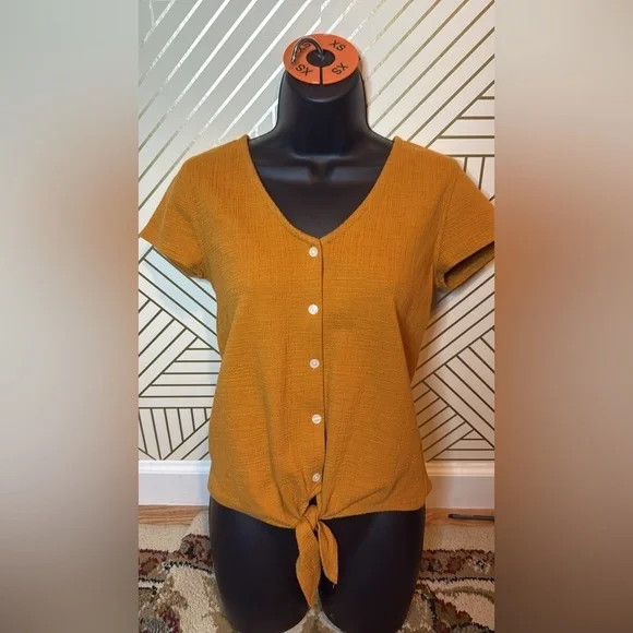 J.Crew Textured Tie-Front Blouse Cap Sleeve Size XS Mustard