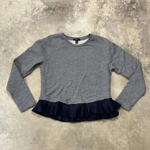 J.Crew Sweatshirt Womens‎ Small Pleated Hem Gray Navy Blue Preppy Long Sleeve